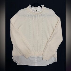 Loft Women's Cream Sweater Build in Blouse accents ruffle collar Cable knit